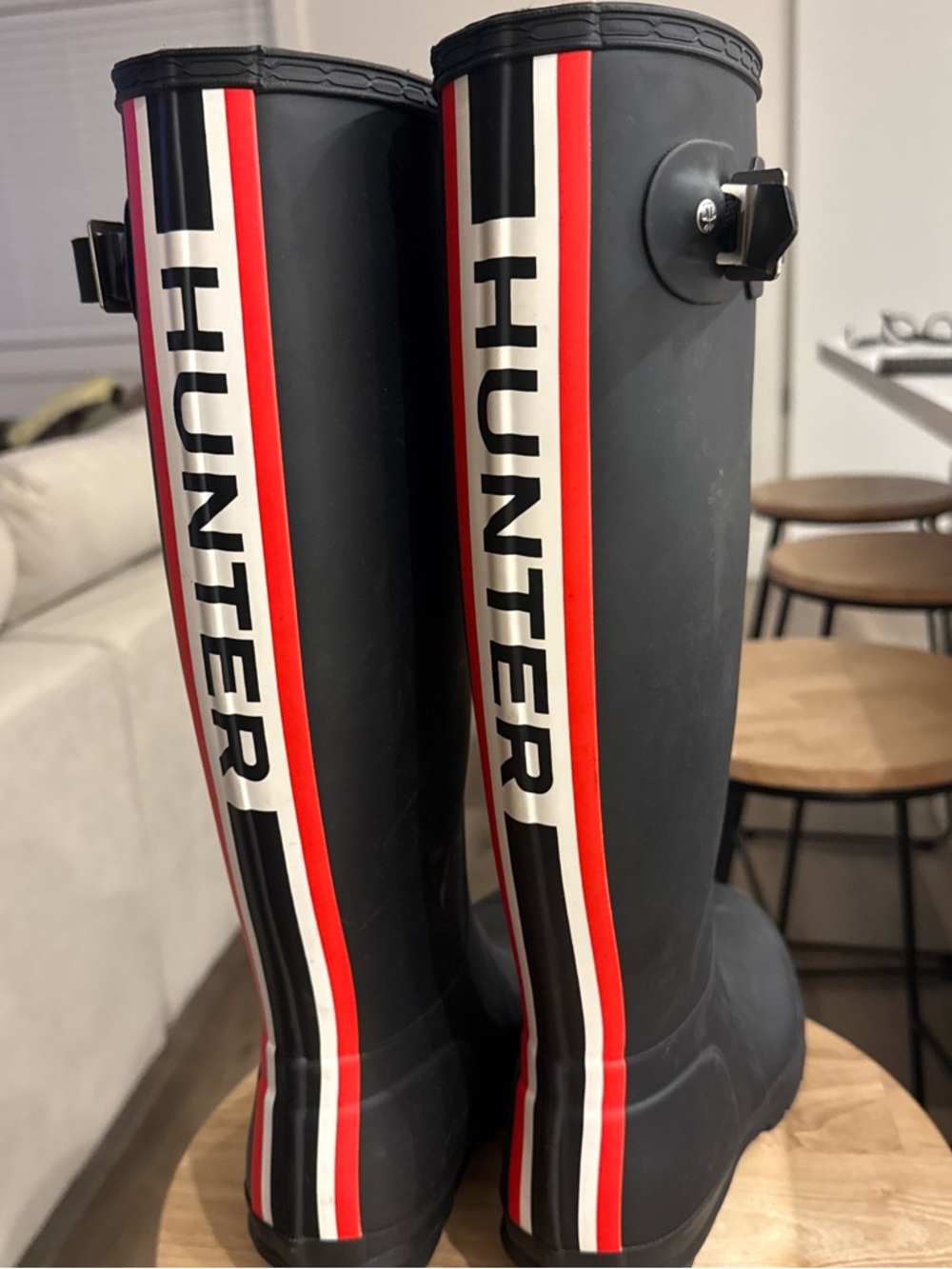 Hunter Black Rain Boots with Red & White Stripes